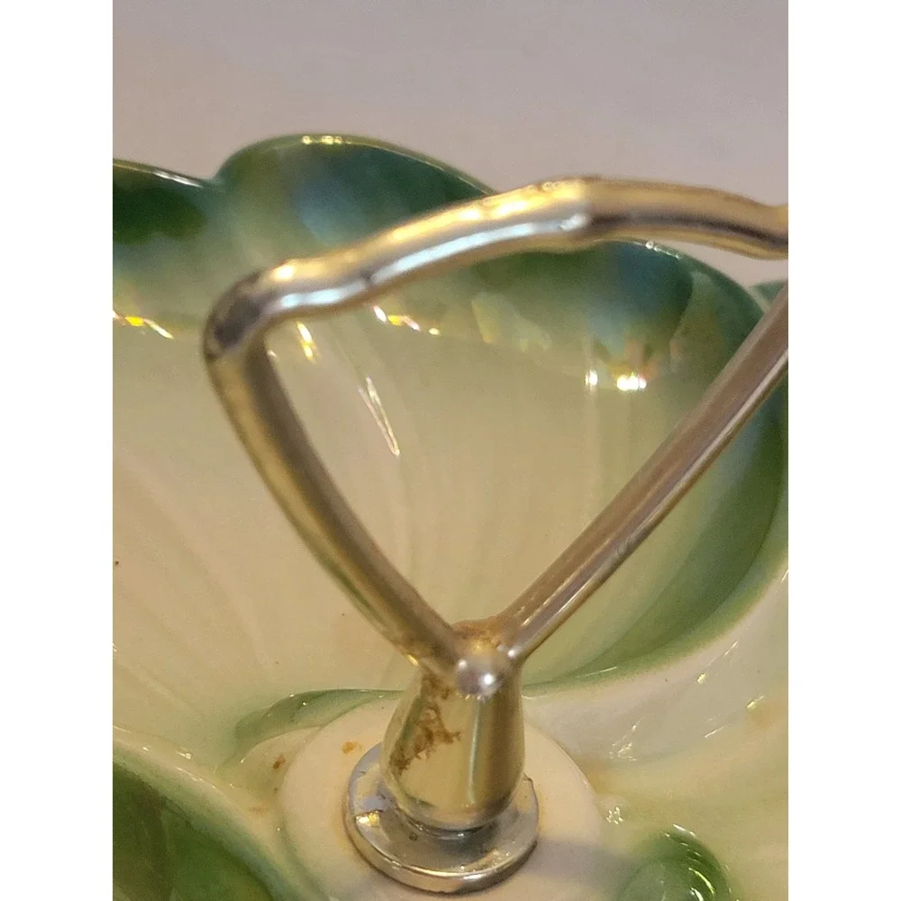 Vintage Green Leaf Divided Relish Dish w Handle MCM Candy Snack Tray‎